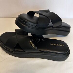 Cole Haan Women Black Leather Criss Cross Platform Slide Sandals Size 8B